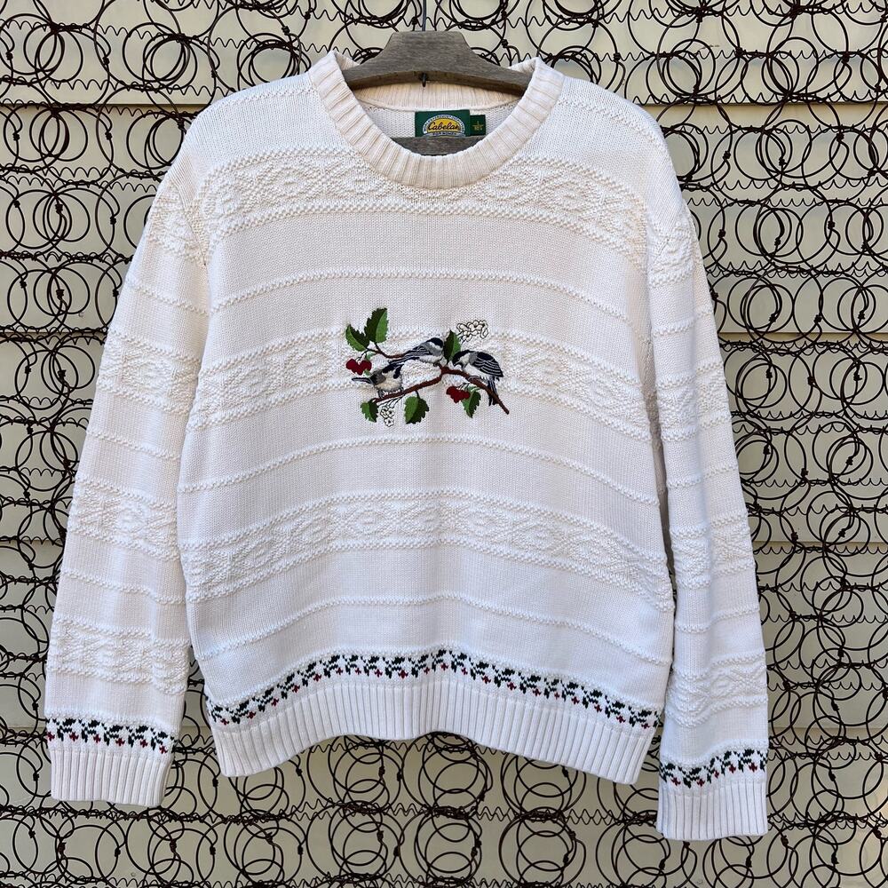Vintage Cabelas's Birds on a Branch Blue Jays Holly Knit Cottagecore Sweater LG